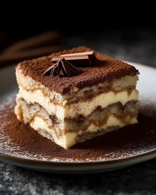 Rich and creamy tiramisu dessert dusted with cocoa powder