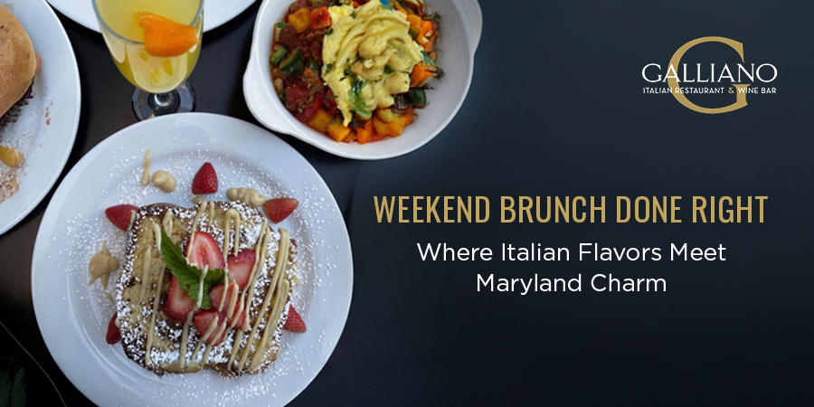 Galliano Italian Restaurant brunch table with eggs benedict, pancakes, and mimosas.