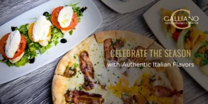 Holiday dining table with Italian dishes and wine at Galliano Restaurant in Gambrills.