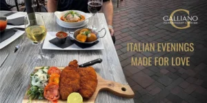 Romantic Italian dinner with pasta and wine at Galliano Italian Restaurant in Maple Lawn.